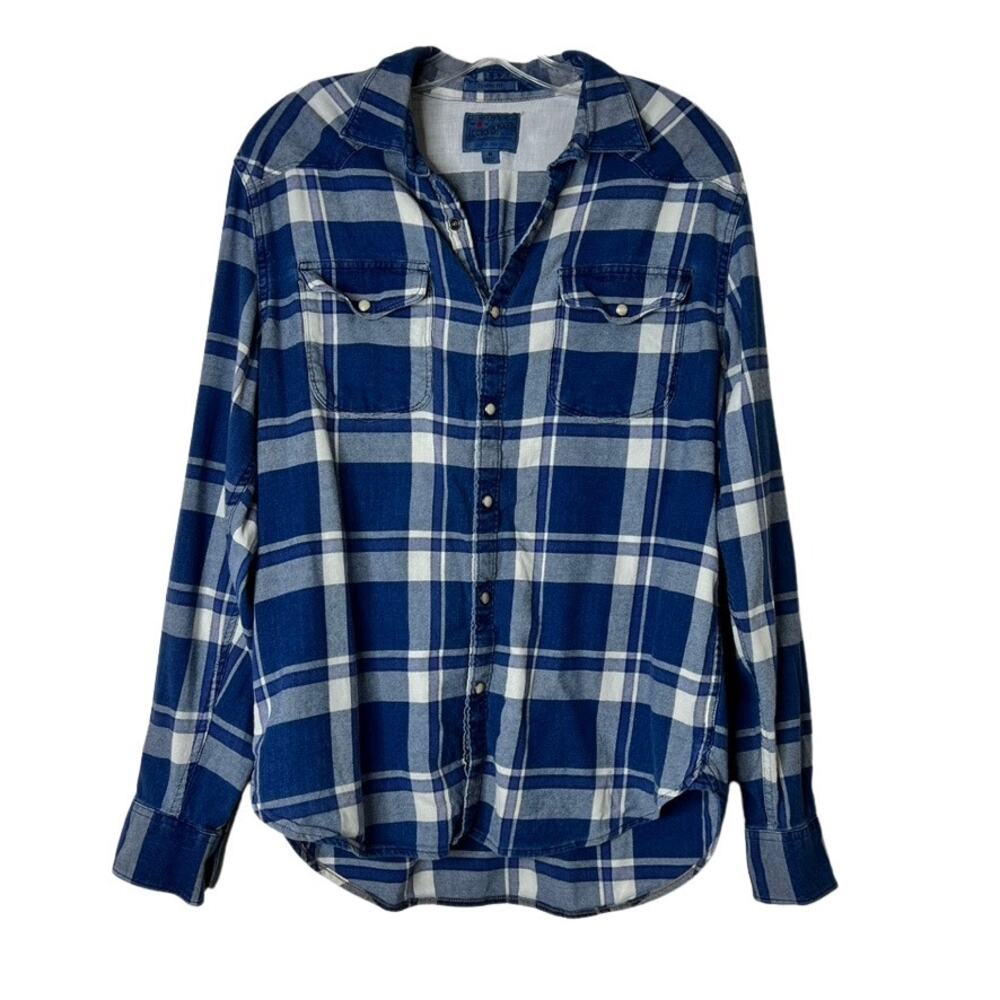 Lucky Brand Classic Fit Plaid Pearl Snap Button Shirt Blue White Mens Medium